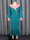 Women's Contrast Turndown Collar Puff Sleeve Slim Waist Slim Fit Formal Party Mermaid Dress