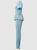 Spring/Summer Women's Fashion V-Neck Faux Button Ruffle Short Sleeve Top & Elastic Waist Bell-Bottom Pants Set