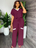 Summer Women's Solid Color Casual Short Sleeve T-Shirt & High-Waist Drawstring Straight Pants Patchwork Two-Piece Set