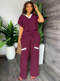 Summer Women's Solid Color Casual Short Sleeve T-Shirt & High-Waist Drawstring Straight Pants Patchwork Two-Piece Set