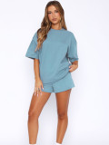 Summer Women's Casual Sport Round Neck Loose Short Sleeve Top & Elastic Waist Pocket Shorts Set
