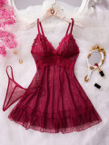 Women's Elegant Burgundy Mesh V-Neck Sexy Homewear Nightdress Two-Piece Set