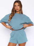 Summer Women's Casual Sport Round Neck Loose Short Sleeve Top & Elastic Waist Pocket Shorts Set