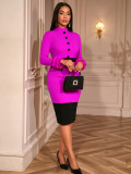 Women's Elegant Contrast Stand Collar Ruffle Long Sleeve Slim Waist Bodycon Party Dress