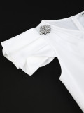Women's White V-Neck Rhinestone Ruffle Sleeve Pleated Slim Waist Slit Elegant Party Bodycon Dress