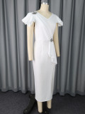 Women's White V-Neck Rhinestone Ruffle Sleeve Pleated Slim Waist Slit Elegant Party Bodycon Dress