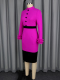 Women's Elegant Contrast Stand Collar Ruffle Long Sleeve Slim Waist Bodycon Party Dress
