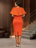 Women's Elegant Pleated Shawl Ruffle Floral Slim Waist Bodycon Formal Party Dress