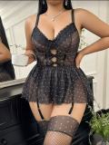 Plus Size Women's Sexy Lace Mesh Polka Dot One-Piece Lingerie Slip Nightdress