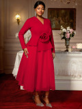 Plus Size Women's Long Sleeve Floral V-Neck Slim Waist Ruffle Chic Formal Party Dress