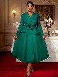 Plus Size Women's Long Sleeve Floral V-Neck Slim Waist Ruffle Chic Formal Party Dress