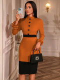 Women's Elegant Contrast Stand Collar Ruffle Long Sleeve Slim Waist Bodycon Party Dress