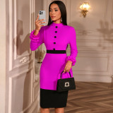 Women's Elegant Contrast Stand Collar Ruffle Long Sleeve Slim Waist Bodycon Party Dress