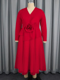 Plus Size Women's Long Sleeve Floral V-Neck Slim Waist Ruffle Chic Formal Party Dress