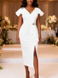 Women's White V-Neck Rhinestone Ruffle Sleeve Pleated Slim Waist Slit Elegant Party Bodycon Dress