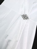 Women's White V-Neck Rhinestone Ruffle Sleeve Pleated Slim Waist Slit Elegant Party Bodycon Dress