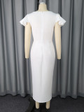 Women's White V-Neck Rhinestone Ruffle Sleeve Pleated Slim Waist Slit Elegant Party Bodycon Dress