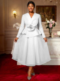 Plus Size Women's Long Sleeve Floral V-Neck Slim Waist Ruffle Chic Formal Party Dress