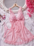 Women's Cute Pink Heart Print Sexy Slit Sheer Nightdress Lingerie Set