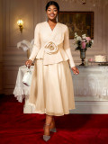 Plus Size Women's Long Sleeve Floral V-Neck Slim Waist Ruffle Chic Formal Party Dress