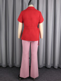 Women's Fashion Contrast Bell-Bottom Pants Rhinestone Slim Waist Turndown Collar Top Chic Career Two-Piece Set