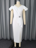 Women's White V-Neck Rhinestone Ruffle Sleeve Pleated Slim Waist Slit Elegant Party Bodycon Dress