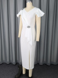 Women's White V-Neck Rhinestone Ruffle Sleeve Pleated Slim Waist Slit Elegant Party Bodycon Dress