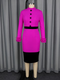 Women's Elegant Contrast Stand Collar Ruffle Long Sleeve Slim Waist Bodycon Party Dress
