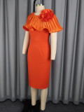 Women's Elegant Pleated Shawl Ruffle Floral Slim Waist Bodycon Formal Party Dress