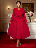 Plus Size Women's Long Sleeve Floral V-Neck Slim Waist Ruffle Chic Formal Party Dress