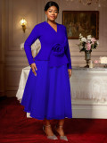 Plus Size Women's Long Sleeve Floral V-Neck Slim Waist Ruffle Chic Formal Party Dress