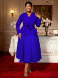 Plus Size Women's Long Sleeve Floral V-Neck Slim Waist Ruffle Chic Formal Party Dress