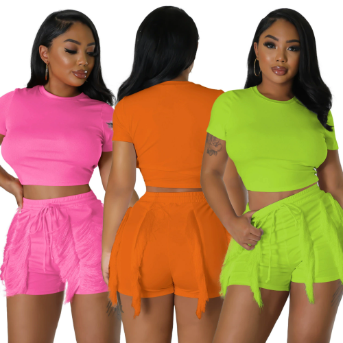 Women's fashionable casual solid-color fringed two-piece set