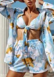 Women Printed Long-sleeved Top and Shorts Three-Piece