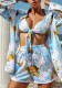 Women Printed Long-sleeved Top and Shorts Three-Piece