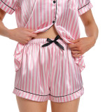 Women Leopard Print Turndown Collar Short-sleeved Top and Shorts (Pajama) Two-piece Set