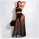 Women Mesh Pleated Detachable Bandeau Swimwear Skirt Three-Piece