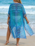 Plus Size Women Beach Cover-Up Mixed Color Print Bikini Mesh Cover-Up Dress