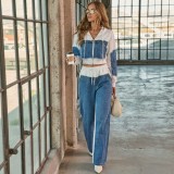Women Patchwork Beaded Denim Top and Pant Two-Piece Set