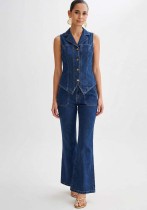 Women Sleeveless Denim Vest and Wide-Leg Pants Two-Piece Set Women Sleeveless Denim Vest and Wide-Leg Pants Two-Piece Set