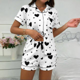 Women Turndown Collar Short-Sleeved Top and Shorts Two-Piece Set