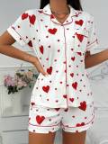 Women Turndown Collar Short-Sleeved Top and Shorts Two-Piece Set