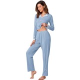 Women Turndown Collar Lace Bow Long-sleeved Top and Pant Two-piece Set