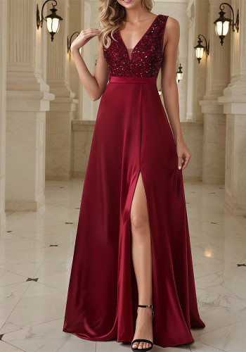 Women Sexy Sleeveless V-Neck Slit Evening Dress