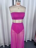 Women Mesh Pleated Detachable Bandeau Swimwear Skirt Three-Piece
