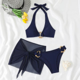 Women Solid Halter Neck Hollow-Out Swimwear Three-Piece Two Pieces