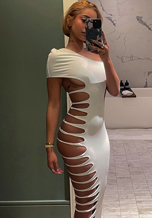 Women slash-shoulder sleeveless solid cutout sexy bodycon dress
