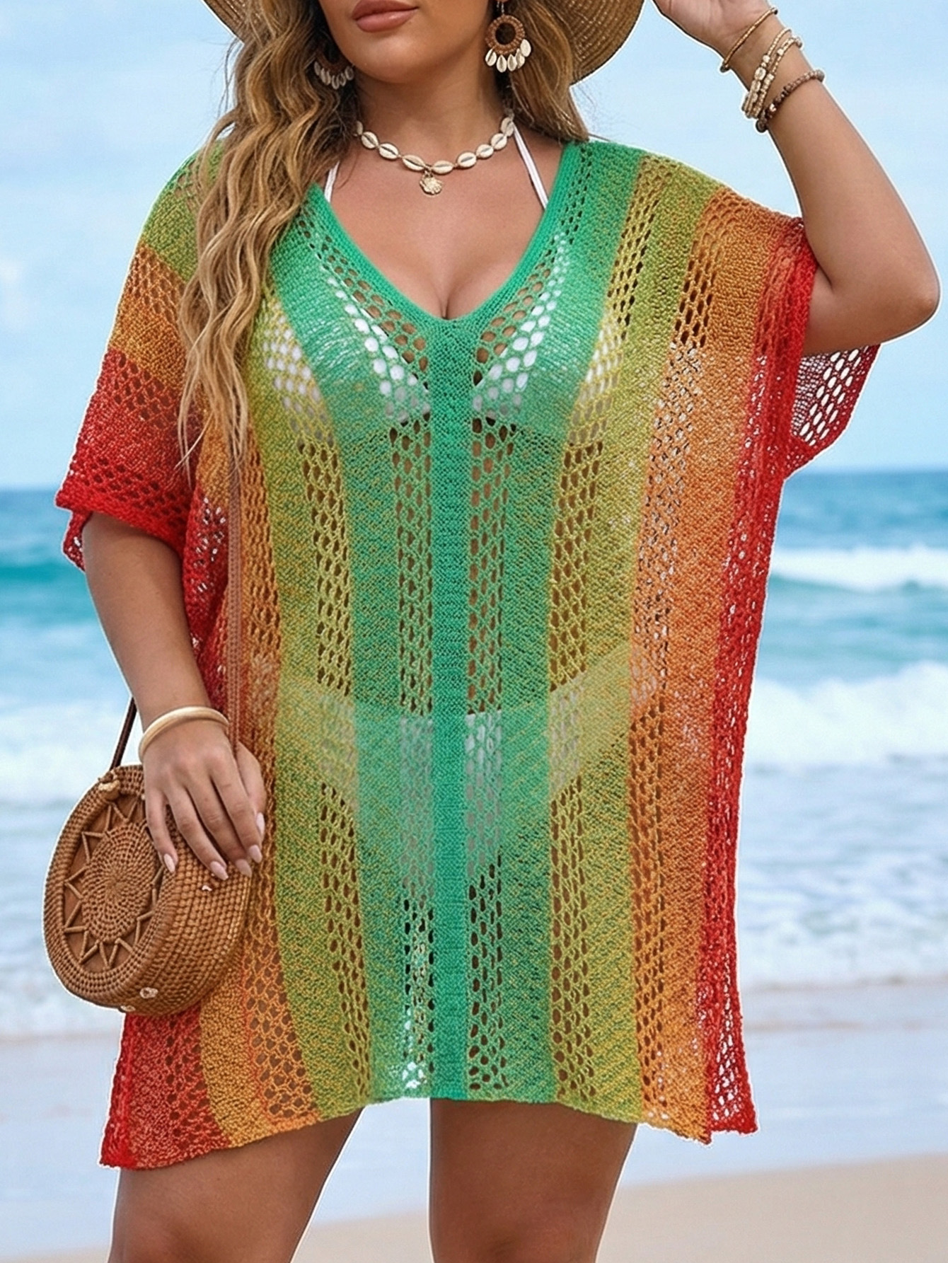 Plus Size Gradient Hollow-Out Bikini Cover-Up Dress