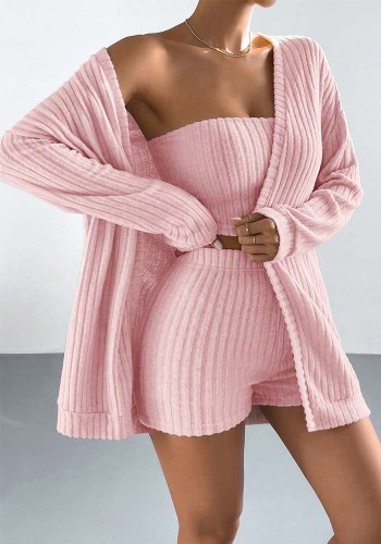Women Ribbed Long-Sleeved Strapless Top and Shorts Three-Piece Set