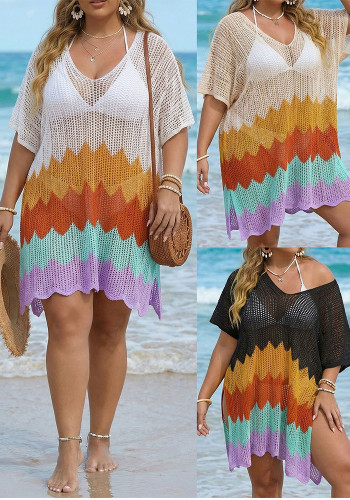 Plus size Women cover-up color-blocked machine-knitted cutout beach cover-up dress